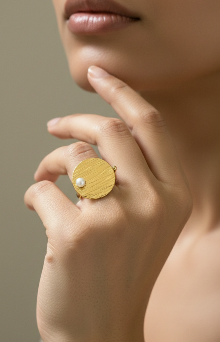 Golden Pearl Disc Statement Ring